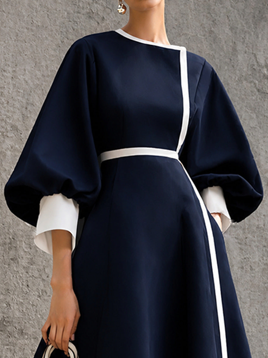 Women¡¯s Solid Navy Contrast?Trim Balloon?Sleeve Belted Maxi Dress
