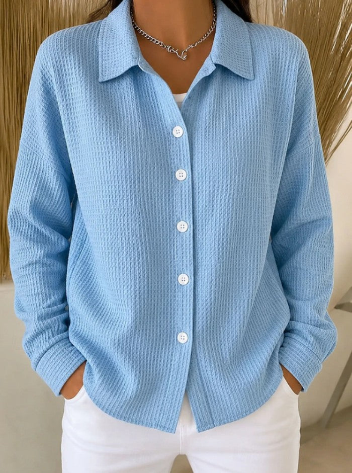 Women¡¯s Light Blue Waffle Knit Lapel Button Down Long Sleeve Shirt - Blue / S