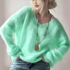 Oversized V‑Neck Drop Shoulder Fuzzy Knit Long Sleeve Loose Fit Pullover Sweater