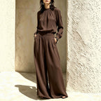 Women's Gathered High‑Neck Blouse & Pleated Wide‑Leg Pants Two‑Piece Set