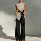 Women'S Lace-Up Sleeveless Contrasting Color Suit Top + Wide Leg Pants Two-Piece Set