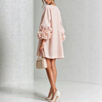Blush Pink Fabric Floral Appliqué Balloon‑Sleeve Shift Mini Dress