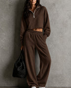 Half?Zip Cropped Sweatshirt & Wide?Leg Sweatpants Two?Piece Set