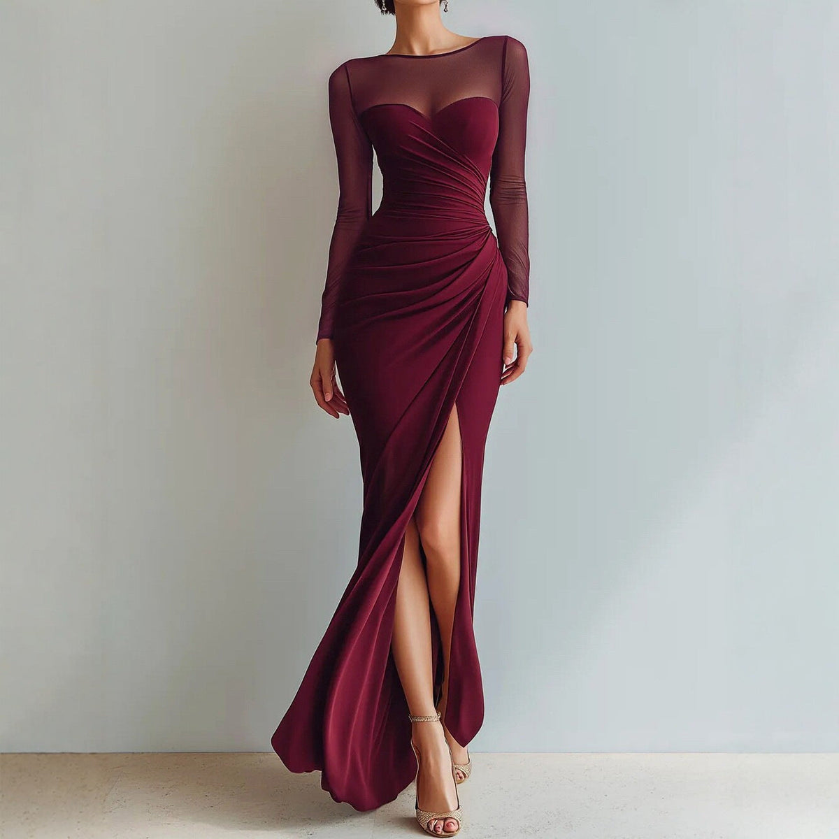 Women's Mesh Long Sleeve Sweetheart Ruched Slit Maxi Evening Dress