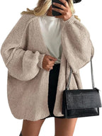 Women's Solid Color Chunky Knit Open Front Lantern Sleeve Mid-Length Cardigan