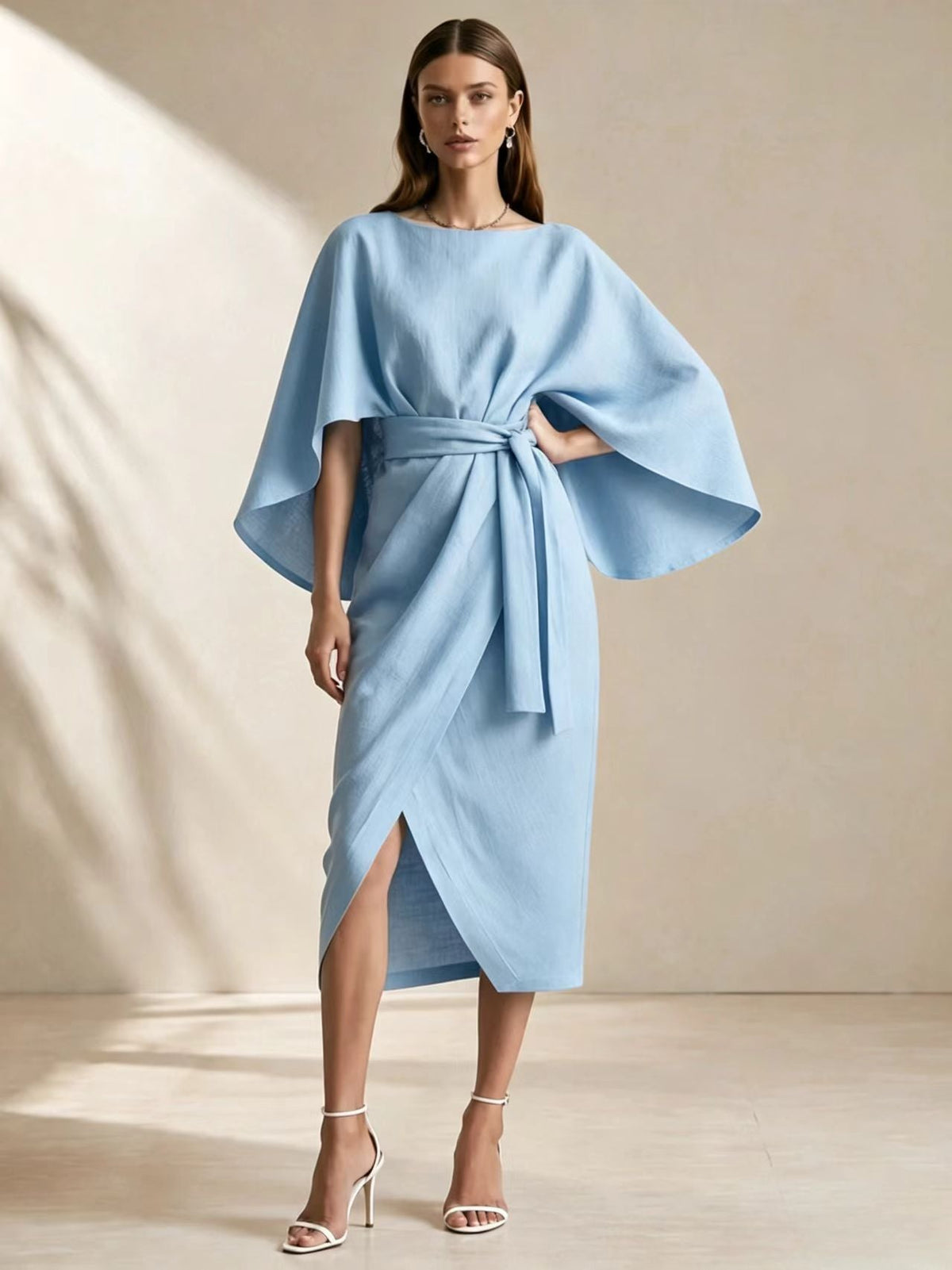 Cape Sleeve Belted Wrap Midi Dress