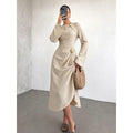 Round Neck Flare Sleeve Gold Ornament Ruched Midi Dress