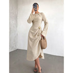 Round Neck Flare Sleeve Gold Ornament Ruched Midi Dress