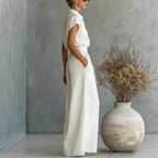 Cap Sleeve Collared Shirt & High Waist Wide Leg Pants Two Piece Set