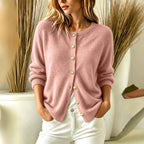 Crew Neck Gold?Button Ribbed Knit Cardigan