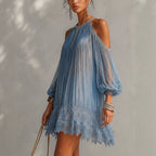 Dusty Blue Pleated Cold Shoulder Mini Dress