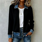 Ribbed Knit Zip Jacket with Denim Trim