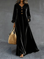 Women's V‑Neck Velvet Ruffle Cuff Maxi Dress