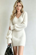 V-Neck Fuzzy Long Sleeve Bodycon Mini Knit Dress