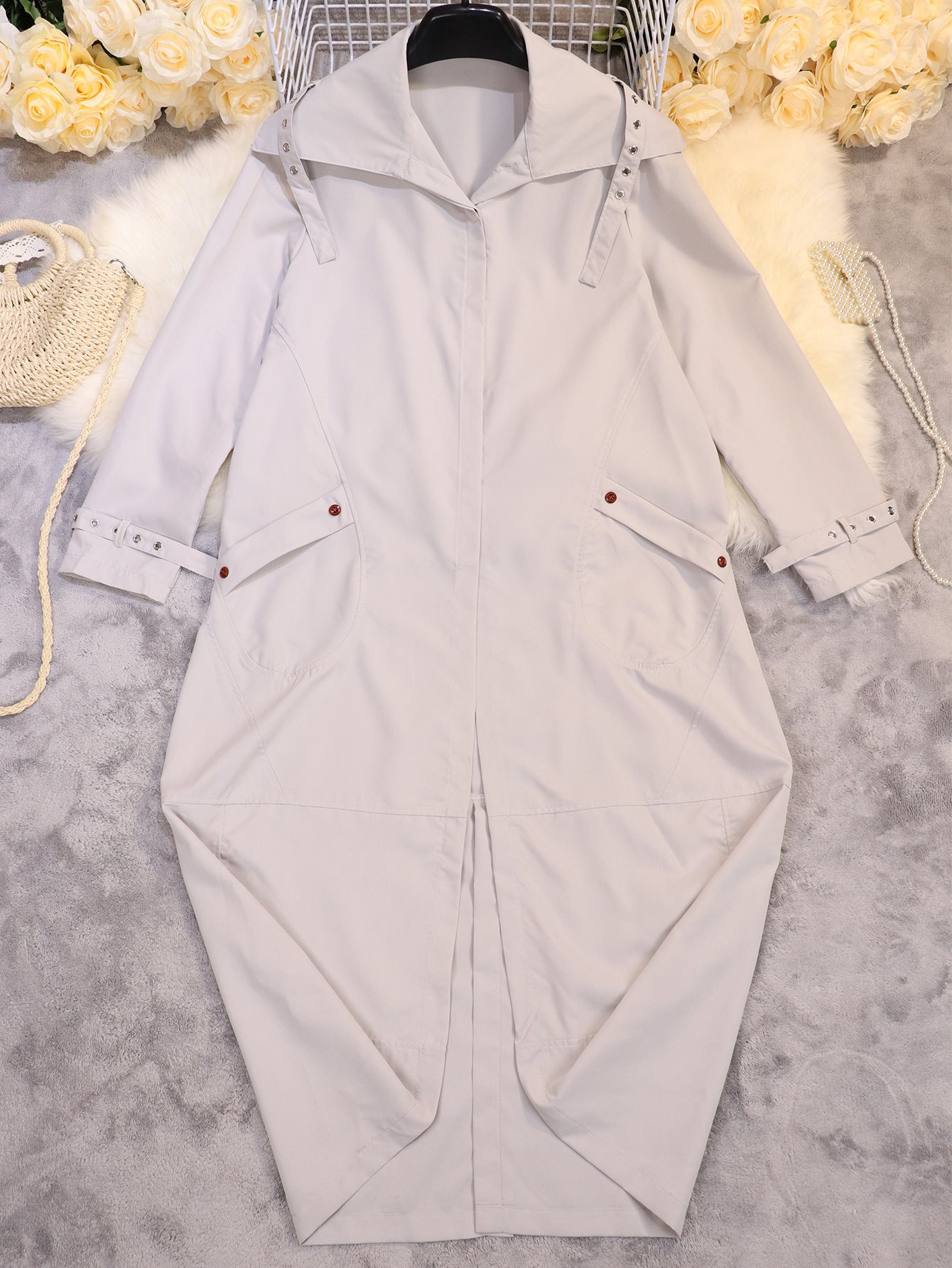 Oversized Hooded Long Trench Coat, Button Front Loose Fit Outerwear With Large Pockets And Adjustable Cuffs For Casual Daily Wear