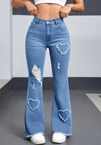 Light Blue Stretch Denim with Frayed Heart Patches