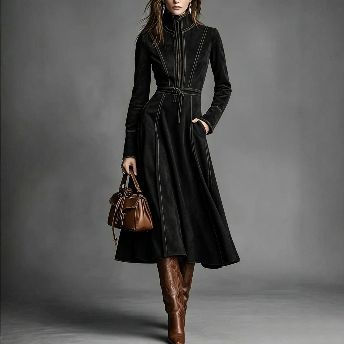 Women's Solid Brown Suede Zip?Front Belted Long?Sleeve Midi Dress
