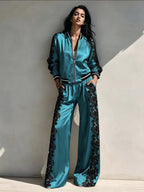 Bomber Jacket & Wide?Leg Pants Two?Piece Set with Black Lace Trim
