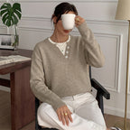 Henley Button Notch Neck Drop‑Shoulder Long Sleeve Knit Sweater