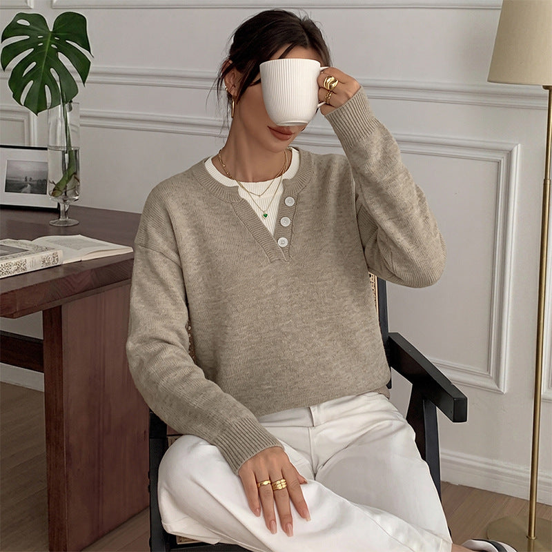Henley Button Notch Neck Drop‑Shoulder Long Sleeve Knit Sweater