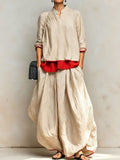 Women's Linen Two Piece Set Stand Collar Long Sleeve Top & Wide Leg Maxi Pants