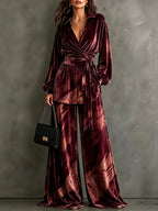 Velvet Wrap Blouse & Wide-Leg Pant Set – Printed Two-Piece