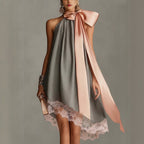 Grey Crinkle Halter Satin Big Bow Lace Hem Mini Dress