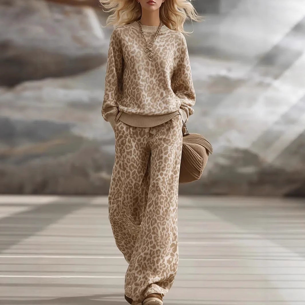 Leopard Print Knit 2-Piece Outfit: Crewneck Sweater & Wide Leg Trousers Set