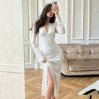 Polka‑Dot Lace Trim Long Sleeve Midi Dress