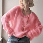 Oversized V‑Neck Drop Shoulder Fuzzy Knit Long Sleeve Loose Fit Pullover Sweater