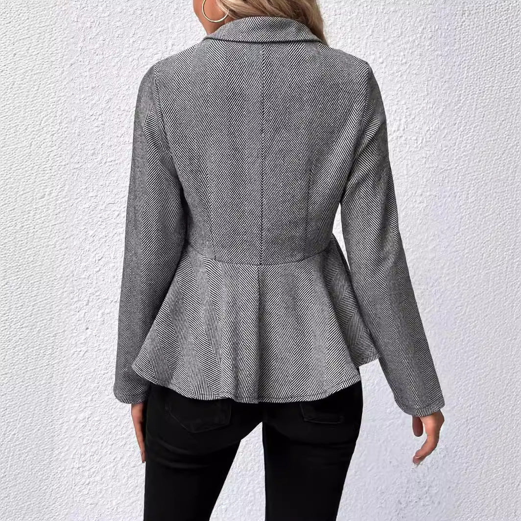 Herringbone Peplum Button?Front Collared Jacket