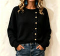 Women's Crew Neck Asymmetrical Button Long Sleeve Knit Sweater