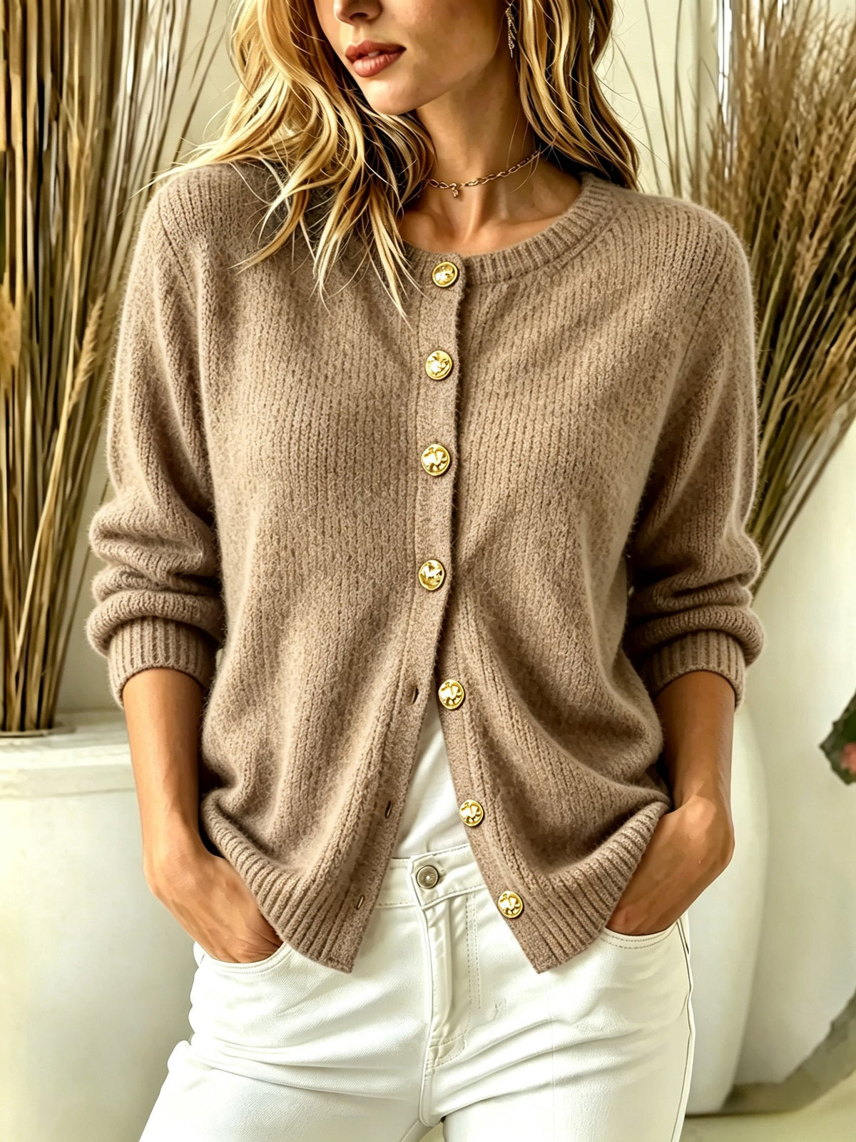 Crew Neck Gold?Button Ribbed Knit Cardigan