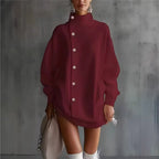 Oversized Asymmetric Button Turtleneck Knit Mini Dress