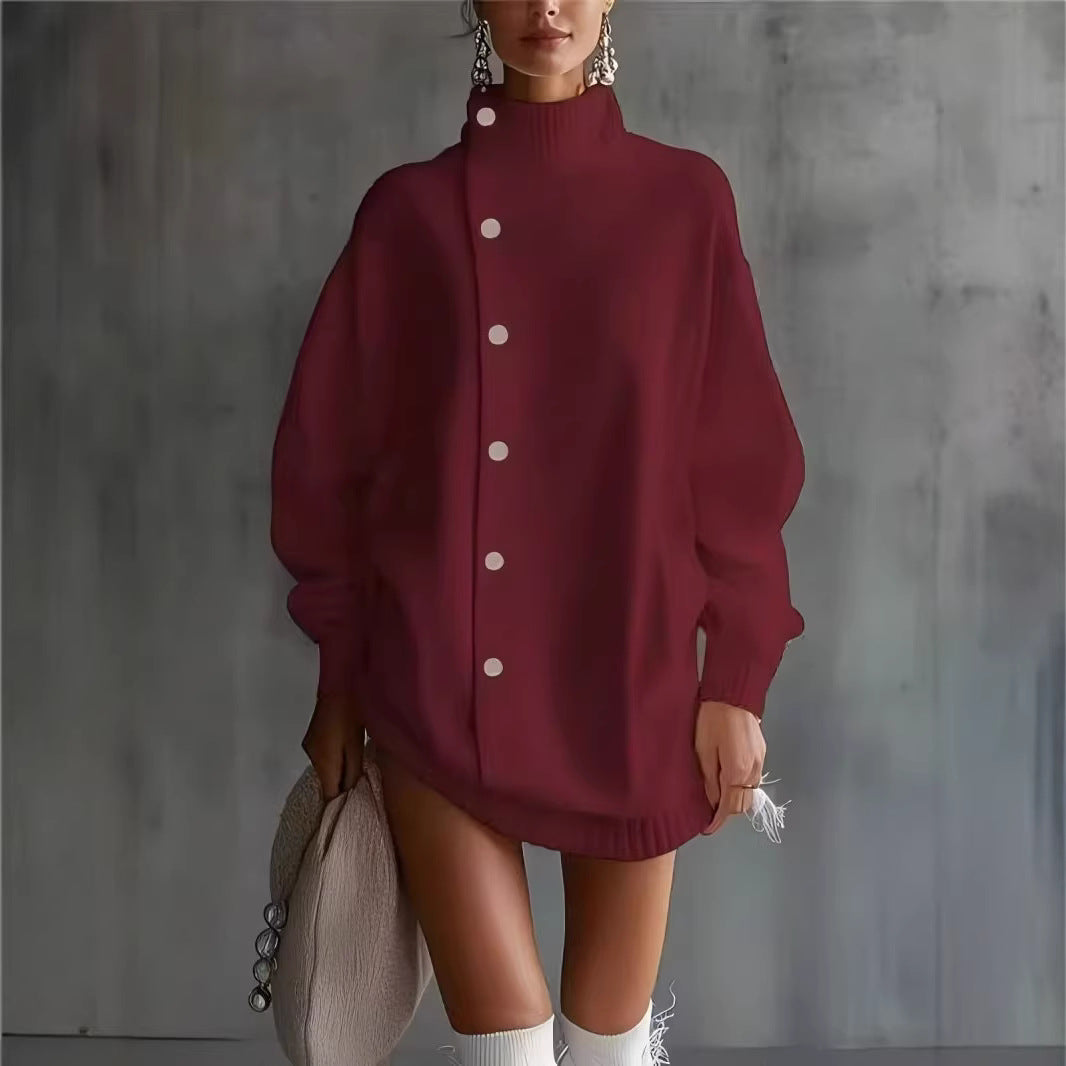 Oversized Asymmetric Button Turtleneck Knit Mini Dress