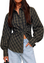 Vintage Brown Checkered Collared Long Sleeve Slim Fit Blouse