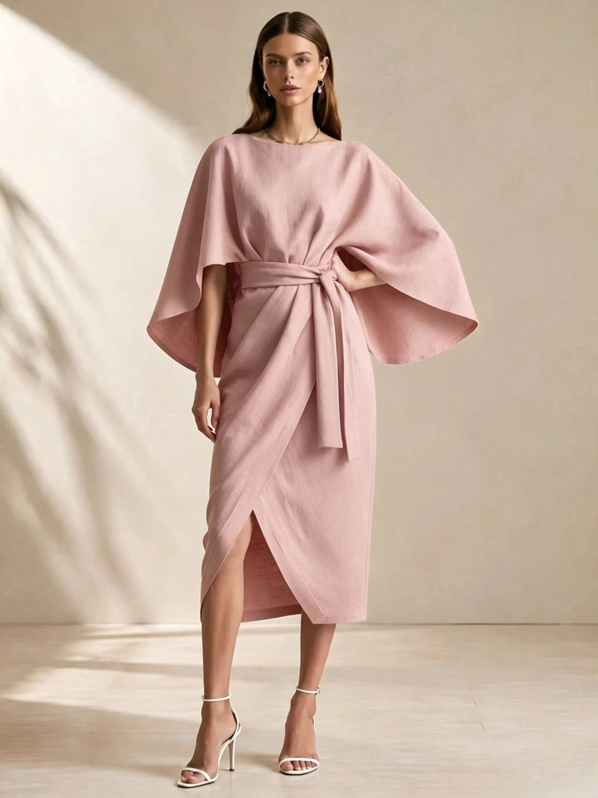 Cape Sleeve Belted Wrap Midi Dress
