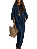 Textured Linen Batwing Top & Wide Leg Maxi Skirt Two-Piece Set