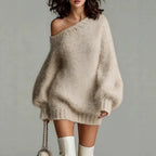Off Shoulder Slant Neck Lantern Long Sleeve Knit Sweater Mini Dress