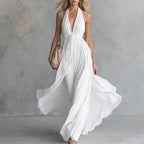 Women'S Sexy Solid Color V-Neck Sleeveless Waist Dress