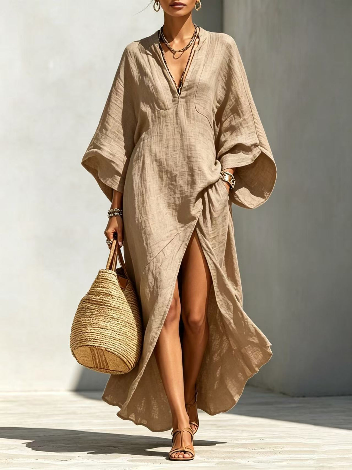 Linen?Blend V?Neck Kaftan Maxi Dress