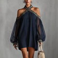Embroidered Trim Sheer Long Sleeve Loose Tunic Dress