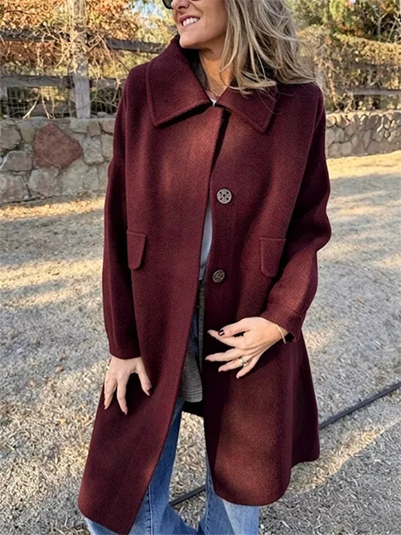 Casual Loose Single Breasted Wool Blend Midi Coat with Pockets