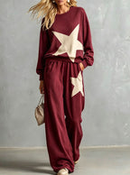 Casual Loose Fit Star Print Sweatshirt Set Ladies Travel Two Piece Tracksuit