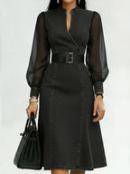 Belted Wrap V Neck Flared Hem Business Casual Dress