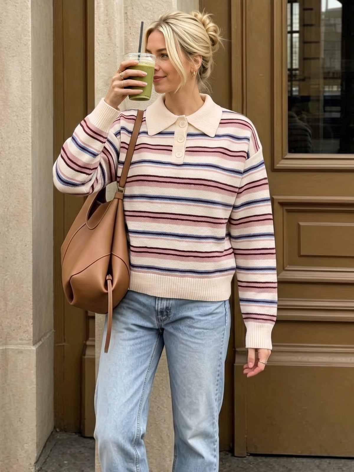 Women's Collared Half Button Colorful Striped Long Sleeve Knit Sweater
