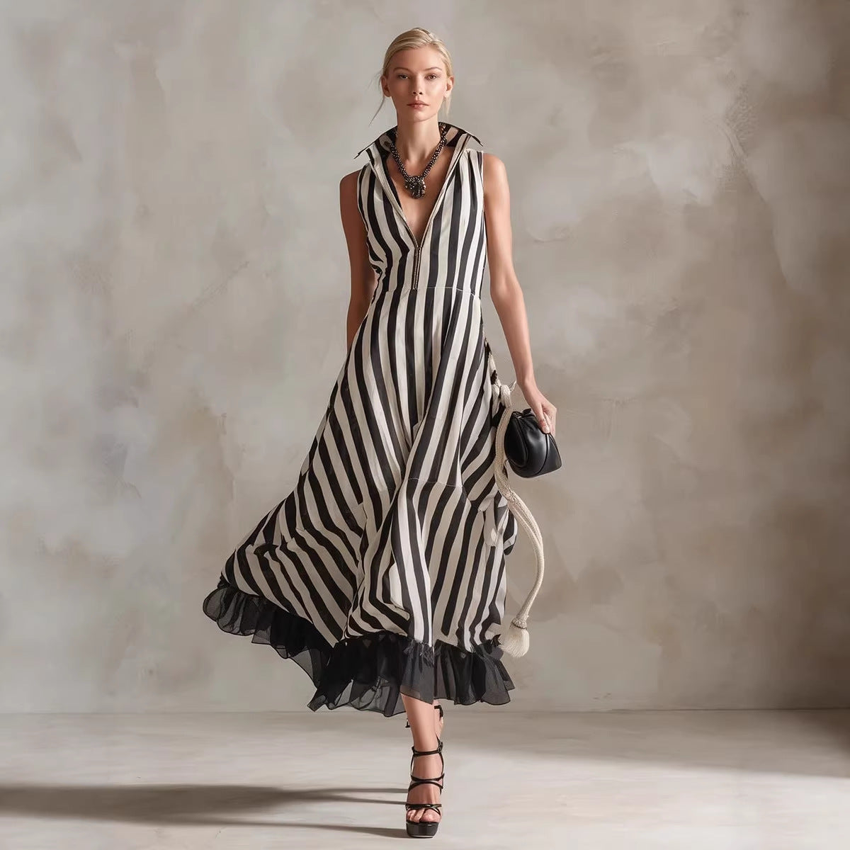 Black & White Striped Maxi Dress (S-2XL)