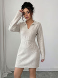 Polo Collar 3D Floral Embroidery Knit Mini Dress - Off-white / S