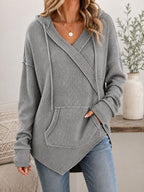 Women's Waffle Knit Surplice V Neck Long Sleeve Hooded Top with Pocket