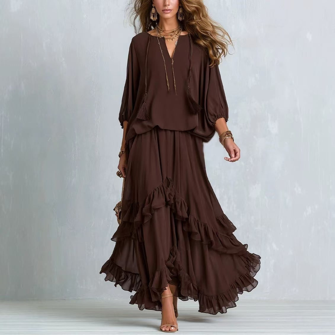 Women's Tassel‑Detail Blouse & Ruffle Maxi Skirt Boho Two‑Piece Set